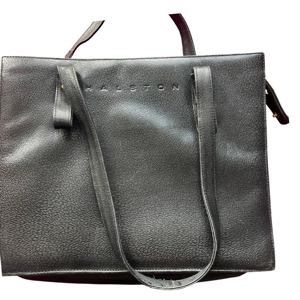 Halston Black Pebbled Leather Structured‎ Tote Bag Shoulder Purse Laptop Bag